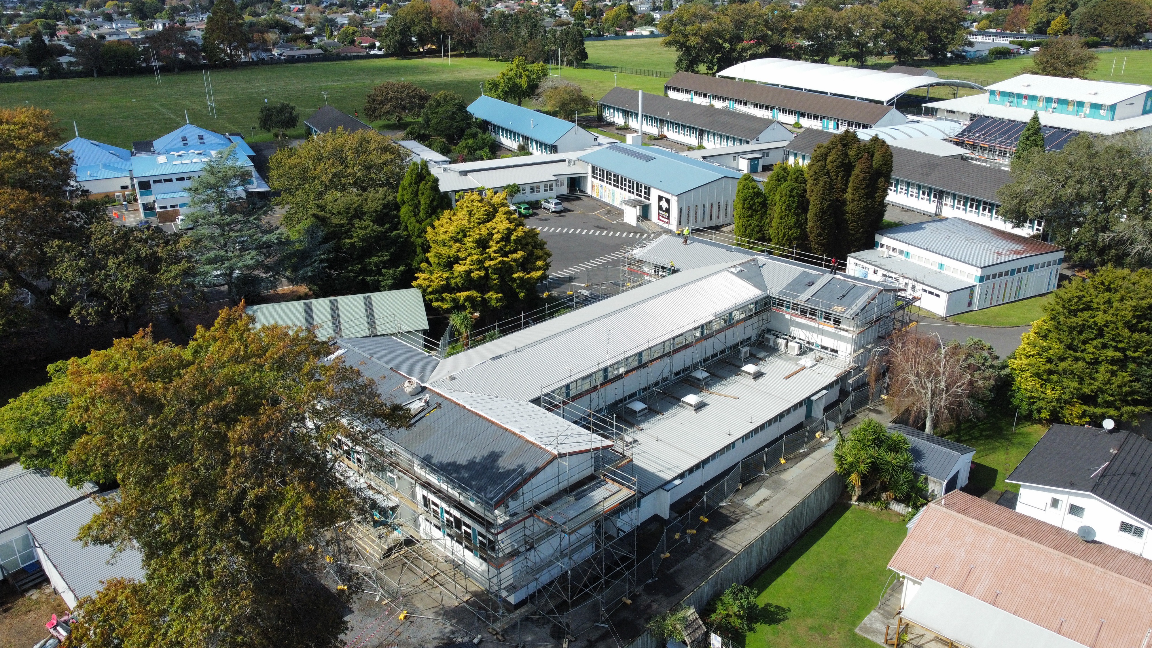 Aerial view of scaffold access installed around a building