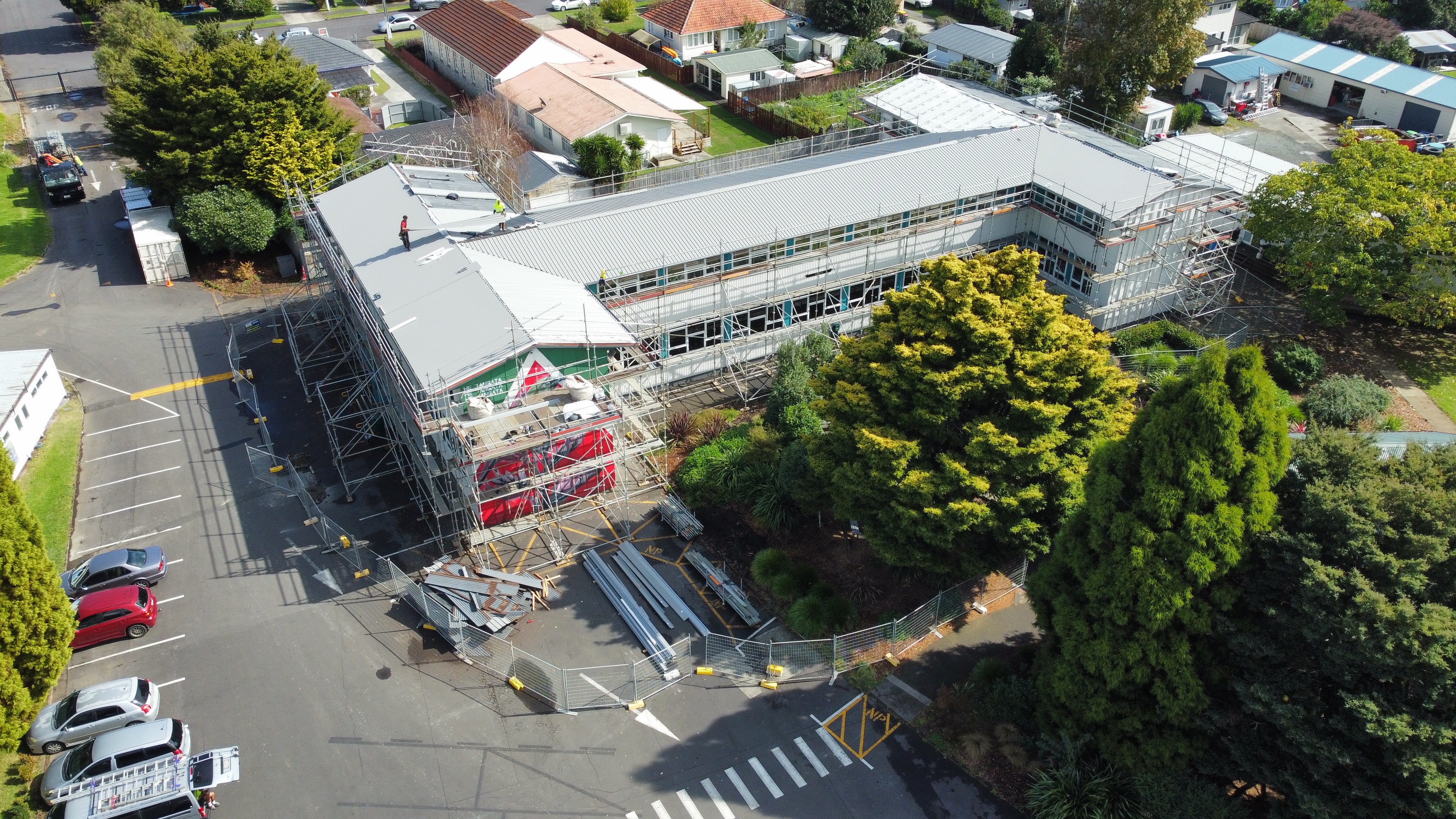 Aerial view of a commercial scaffolding project